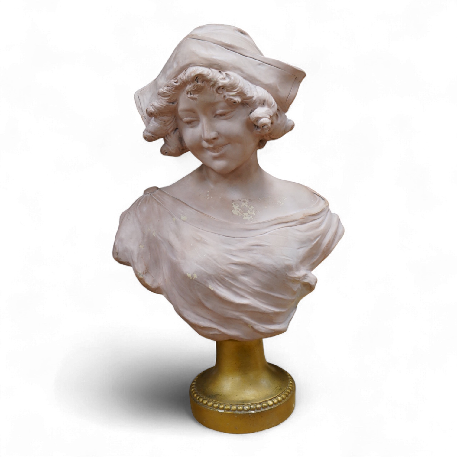 A painted terracotta bust of a maiden, indistinctly signed and numbered 1320, 41cm high